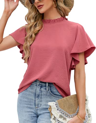 Oberteile Damen Kurzarm Sommer Elegante Musselin Bluse Sexy Chiffon Rüschen-Stehkragen Schmeichelnde Tops Festlich Rosa Geburtstag Einkaufen Blusenshirt T-Shirt Tunika von Odosalii