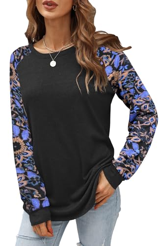 Ododalii Pullover Damen Rundhal Basic Langarmshirt Elegante Herbst Oberteile Schwarz Longshirt Dünne Blumen Tunika von Odosalii