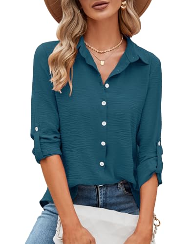 Odosalii Bluse Damen,Elegante Basic 3/4 Arm V-Ausschnitt Einfarbig Hemden Lockerer Anti-Falten Business Blusen Casual Chiffon Arbeit Oberteile mit Knöpfen Tops Langarmshirt Shirt(Blaugrün,X-Large) von Odosalii