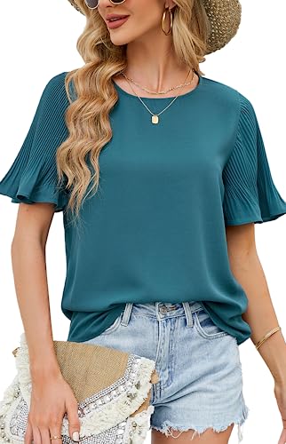 Odosalii Bluse Damen Kurzarm Sommer Chiffon Elegant Grosse Grössen Oberteile Ausgefallene Oversize Shirt Lang Tunika Modern Blusentop Lose Einfarbig Shirt von Odosalii