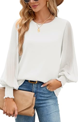 Odosalii Damen Bluse Musslin Lässige Pullover Weiß Trachten Herbst Oberteil Festlich Casual Glitzer Chiffon Shirtbluse Lang, Damen Blusen von Odosalii