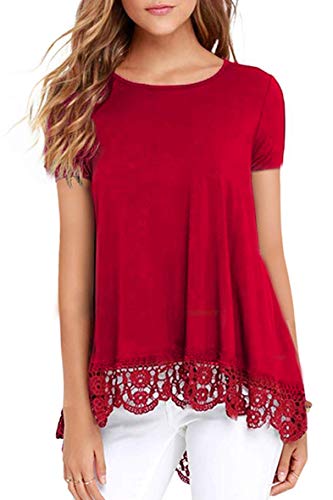 Oberteile Damen Sommer Rot Rüschenärmel Schlüsselloch Shirt Lockerer Lässige Spitzen Bluse Schicke Elegante Festival Oberteil Mode Hochzeit Festliche Tunika von Odosalii