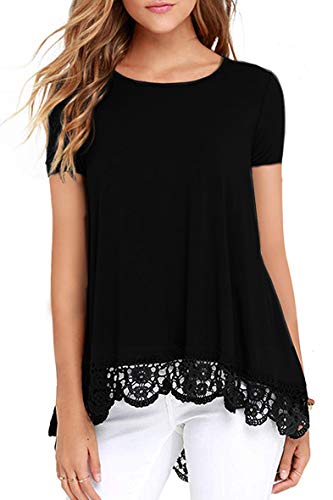 T-Shirts FüR Damen Schwarz Sommer Tunika Bluse Sexy Party Elegant Festliche Oberteil Kurzarm Locker Spitze Shirt Tops SchöNe Long Tops von Odosalii