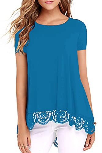 Odosalii Shirts Damen Sommer Tunika Kleid Kurzarm Elegante Lose Blusen Einfarbig T-Shirt Mit Gebogener Saum(01-Königsblau, Medium) von Odosalii