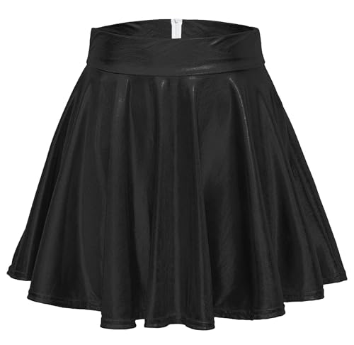 Odosalii Damen Stretch Skater Röcke Informell Mini Glocken Rock Hohe Taille Metallischer Faltenrock, Schwarze, L von Odosalii