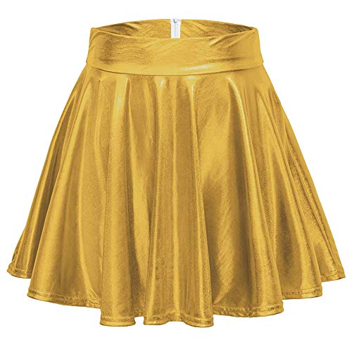 Odosalii Damen Stretch Skater Röcke Informell Mini Glocken Rock Hohe Taille Metallischer Faltenrock, XL, Golden von Odosalii