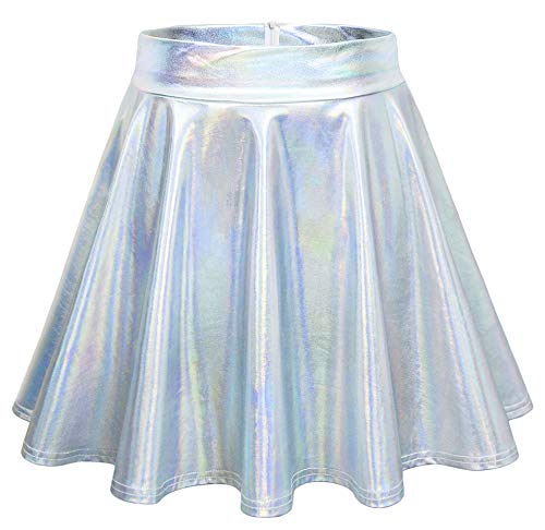 Odosalii Damen Stretch Skater Röcke Informell Mini Glocken Rock Hohe Taille Metallischer Faltenrock (Large, Laser Silber) von Odosalii