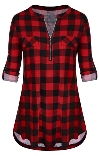 Odosalii Damen Tops Langarm Casual V Ausschnitt Tunika Tops Henley Hemden Knopf Pullover Blusen, L #5 Rot, Small von Odosalii