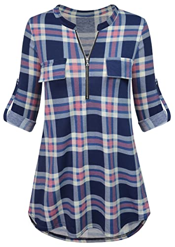 Odosalii Damen Tops Langarm Casual V Ausschnitt Tunika Tops Henley Hemden Knopf Pullover Blusen, L-Rosa/Blau, 46 von Odosalii