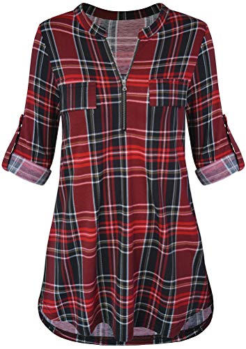 Odosalii Damen Tops Langarm Casual V Ausschnitt Tunika Tops Henley Hemden Knopf Pullover Blusen, L-Rot / Schwarz, M von Odosalii