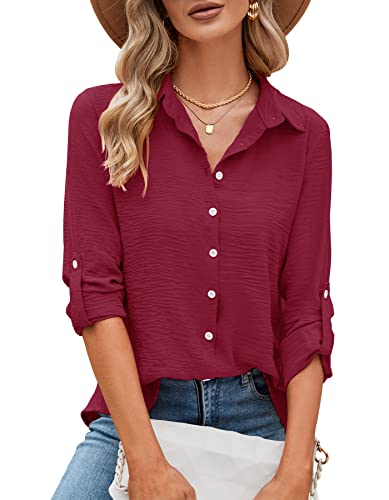 Odosalii Lässiges Damen-Top, V-Ausschnitt, aufrollbar, 3/4-Ärmel, locker, einfarbig, Chiffon, Knopfleiste, Business-Top, Tunika, Bluse, Hemden, Weinrot, Mittel von Odosalii