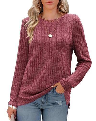 Odosalii Langarmshirt Damen,Rundhals Gestreifter Strickpullover Frühling Weich Gerippter Sweatshirt Seitliche Tunika Tops Basic Longshirt Oberteile Weihnachtsoutfit(Weinrote,X-Large) von Odosalii