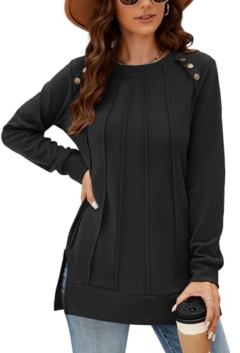 Odosalii Langarmshirt Damen Pullover Baumwolle Schwarz Herbst Oberteile Elegante Rundhals Pulli Casual Sweatshirt Party Business Festival Weihnachtsoutfit Schwarz XXL von Odosalii