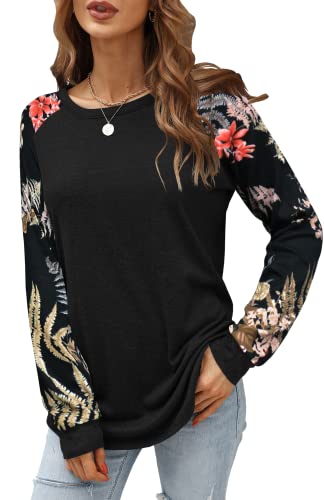 Odosalii Langarmshirts Damen Rundhals T Shirts Blusen Tunika Oberteile Lose Basic Sweatshirt Pullover Mit Blumenmuster von Odosalii