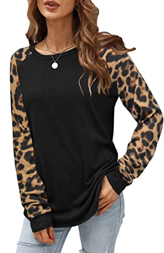 Odosalii Leopard Oberteile Damen,Langarmshirt Damen Schwarz,Rundhals Winter Pullover Farbblock Top Bluse Tunika (Leopard,Medium) von Odosalii