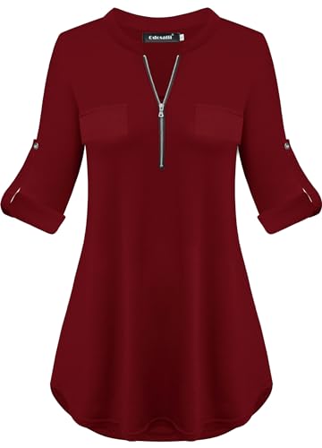 Odosalii Longbluse Damen 3/4 ÄRmel Shirt V-Ausschnitt Lose Hemd Oberteile Vintage Freizeit Kleidung von Odosalii