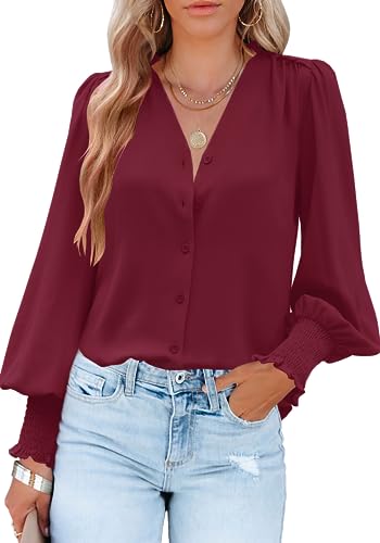 Odosalii Longbluse Damen Herbst Festliche Elegant Blusentops V Ausschnitt Lockerer Puffärmel Tunika Casual Arbeit Hochzeit Langarmshirt Outfits von Odosalii