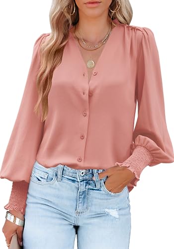 Odosalii Musselin Bluse Oberteil Damen Festliche Blusen Tunika Langarm V Ausschnitt Oberteile Schicke Damenblusen Mode Shirt Knopfleiste PuffäRmel Leicht Hemd von Odosalii