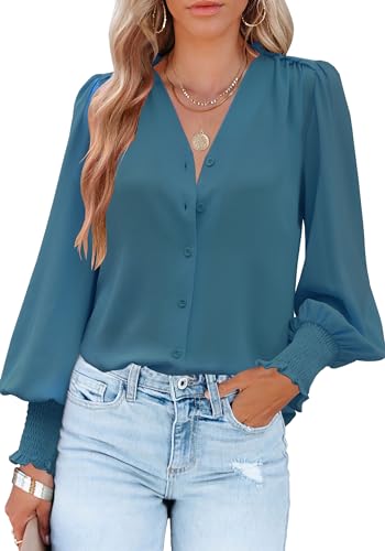 Odosalii Oberteil Blusen Damen Knopfleiste Bluse LäSsige V-Ausschnitt Langarmshirt Leichte Dressy Karriere Pullover Oberteile Festliche Shirts LaternenäRmel Tops von Odosalii