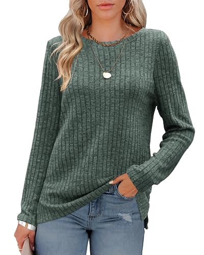 Odosalii Oberteile Damen Elegant,Crewneck Einfarbig Sweatshirt Schlitz Strickpullover Casual Langarmshirt Gerippter Tunika Longshirt Pulli Tops Weihnachtspulli(Grün, Large) von Odosalii