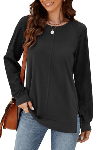 Odosalii Pullover Damen Herbst Raglan Langarm Shirt Elegant Oberteile Rundhals Sweatshirt Schwarz Sport Langarmshirt Lokere Einfarbig Mode Casual Tunika Tops von Odosalii