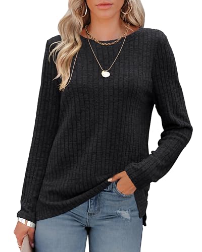 Odosalii Pullover Damen Schwarz Strickpullover Sweatshirt Langarmshirt Herbst Winter Oberteil Top Elegant Tunika Tshirt von Odosalii