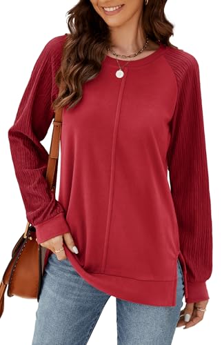 Odosalii Pullover Damen Winter Rundhals Elegant Festliche Oberteile Raglan Lässig Longshirt Sweatshirt Langarmshirt Rot Winteroutfits für Party Hochzeit von Odosalii