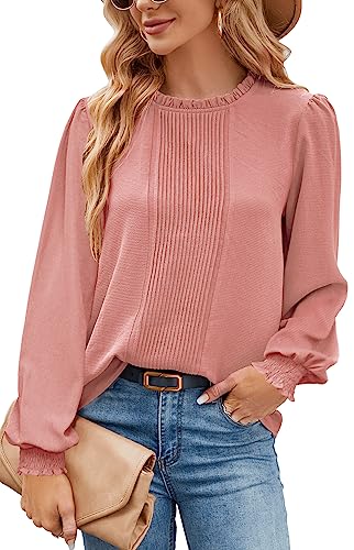 Odosalii Shirt Damen Basic Laternenhülse Plissee Vorne Longbluse Klassisch Einfarbig Festliche Stehkragen Oberteil Elegant Arbeitsshirt von Odosalii