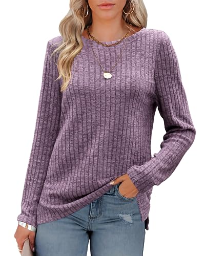 Odosalii Strickpullover Damen,Rundhals Pullover Damen,Lässige Langarmshirt Damen,Side Slit Oberteile Damen,Strickpullover Oversize,Tops Longpullover Pulli von Odosalii