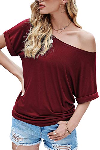 Odosalii T-Shirt Damen Kurzarm Sommer Oberteile Schulterfrei Shirt Bluse Tunika Tops(3-Weinrot, Large) von Odosalii