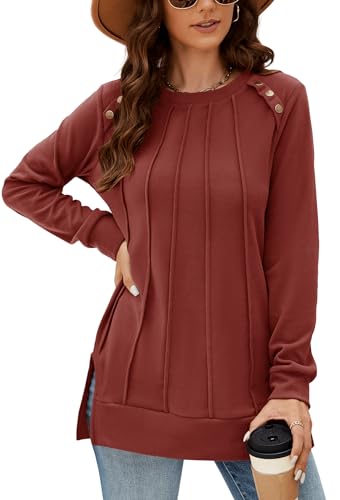 Odosalii Tunika Damen Pullover Elegant Basic Langarmshirt Rundhals Herbst Winter Sweater Casual Weihnachts Longshirt Longpullover Weinrot XXL von Odosalii