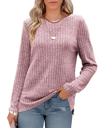 Shirt Damen,Gestrickter Pullover & Strickjacken,Rundhals Langarmshirts,Oversize Strickpullover,Dünner Winter Oberteile,Tunika Pulli Strickpullover Longpullover Rosa von Odosalii