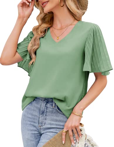 Shirt Damen Sommer Musselin Bluse Elegant Sexy Oberteil Schicke Festliche Blusen & Tuniken Sexy Kurzarm Rüschenärmel Arbeit Oberteile Tops Longshirt Longbluse von Odosalii