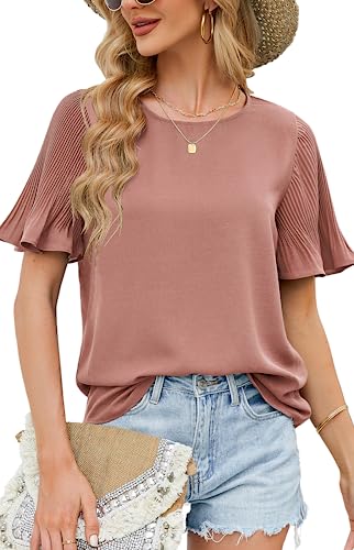 Sommer Elegant Kurzarm Shirt, Festlich Chiffon Ausgestellter Ärmel Bluse, Schöne Schlüsselloch Top, Große Größen Schicke Party Oberteile von Odosalii