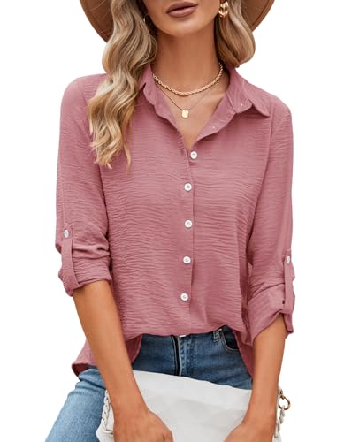 Odosalii T-Shirt Damen, Langarmshirts für Damen,Sommer 3/4 Arm V-Ausschnitt Blusen,Basic Casual Einfarbig mit Knöpf Musselin Langarm Tops Hemdbluse Oberteil Schule Bluse(Dunkelrosa,Large) von Odosalii