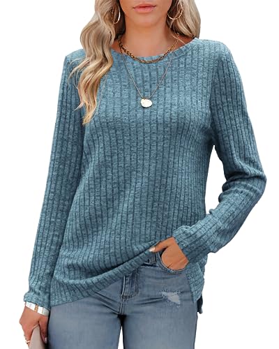 Odosalii Tunika Damen,Rundhals Langarmshirt Elegant Schlitz Oberteile Streifen Gerippter Pullover Einfarbig Basic Shirt Oversize Strickpullover Lässige Longtops von Odosalii