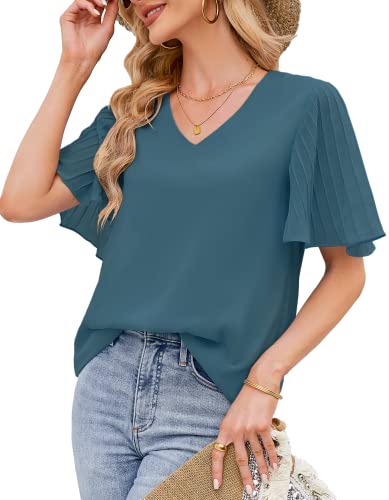 Tunika Damen Sommer Kurzarm Shirt Party Oberteile Frauen Sexy Oberteil Chiffon Bluse Elegant Longshirt Hemdbluse Longbluse Business Bekleidung von Odosalii