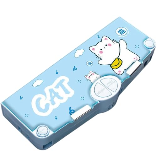 Odoukey Bleistiftbox, Multifunktionsstiftkoffer Mehrkompartiment Cartoon Cat Muster Kinderkoffer mit Zeitplan, Schere, Spitzer und Band tragbar für die Schule entzückend von Odoukey