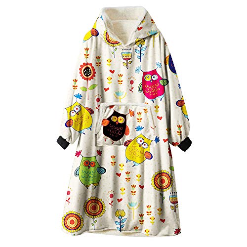 Kapuzenpullover Decke, Ouduo Cartoons Tier Drucken Übergroße Sherpa Hoodie Weiche Warme Riesen Sweatshirt Blanket Fronttasche Plüsch Pullover Decke mit Kapuze (Eule,One Size) von Oduo