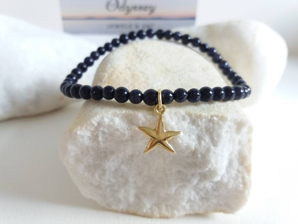 Gold Star Armband, Seestern, Gold, Blau Sandstein, Perlen Natur, Strand, Hochzeit, Braut, Brautjungfern, Surfer von OdysseyJewelsandArt