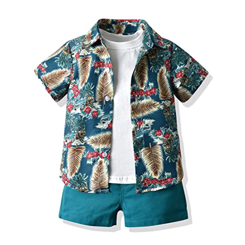 3-teiliges Baby Jungen Sommer Outfit Kleidungsset Hawaii Blumendruck T-Shirt + Weißes Oberteil + Kurze Bermuda Hose Kinder Kurzarm Strandhemd Shorts Anzug Kinder Freizeitkleidung Outfit 1-6 Jahre von Odziezet