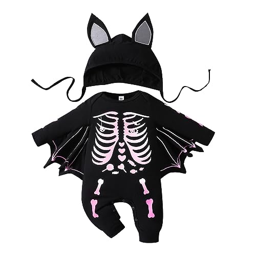 Odziezet Babys Cosplay Bodysuit Kinder Halloween Strampler Baby Fledermaus Kostüm Junge Langarm Stramplers Hut Umhang My First Halloween Outfits 0-24 Monate (32497,6-12 Monate) von Odziezet