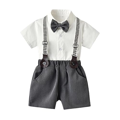Odziezet Kind Sommer Anzug Junge Kurze Ärmel Hemd Outfits Baby Gentleman Anzüge Jungen Fliege Hosenträger Shorts Outfit Kleinkinder Kurzarmhemd Set 3 Monate-8 Jahre (Grau,9-12 Monate) von Odziezet