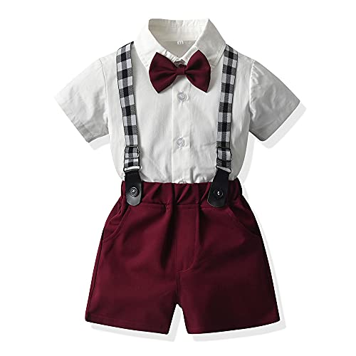 Odziezet Kind Sommer Anzug Junge Kurze Ärmel Hemd Outfits Baby Gentleman Anzüge Jungen Fliege Hosenträger Shorts Outfit Kleinkinder Kurzarmhemd Set 3 Monate-8 Jahre (Rot,4-5 Jahre) von Odziezet