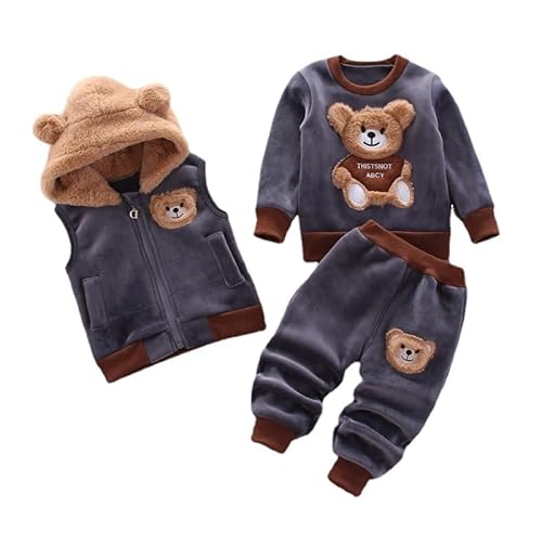 Odziezet Kleinkinder Warm Outfit Kinder Kapuze Ärmellose Weste Anzug Baby Winter Dreiteiliges Outfits Kind Langärmeliges Sweatshirt Hose Sets Babys Cartoon Bär Kleidung 0-4 Jahre (XXGR,0-1 Jahre) von Odziezet