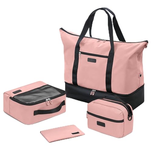 Oeihuivt Weekender Bags für Damen – 53,3 cm große Reisetasche, 2-teiliges Set mit Schuhfach, strapazierfähiges Canvas-Leder, Handgepäcktasche für die Nacht, Schwarzrosa + 3 Extrapackungen, Schwarz von Oeihuivt