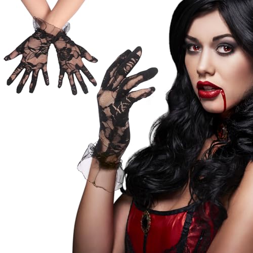 Oemmn Blumen Spitze Handschuhe Halloween Damen Spitze Handschuhe Schwarze Spitzenhandschuhe Damen Elegant Schwarz Kurze Spitzenhandschuhe Kurze Lace Gloves für Hochzeit Opernessen Halloween von Oemmn