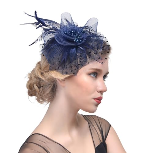 Oenothera Kopfschmuck Fascinator, Fascinator Hut Damen, Hochzeit Mesh Stirnband, mit Haarspange und Haargummi für Damen Mädchen Abend Partys（Dunkelblau） von Oenothera