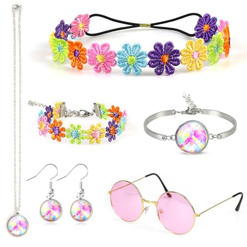 Hippie Kostüm Damen Set 7-teilig,70er 60er Jahre Hippie Accessoires mit Peace Zeichen Kette Ohrringe Armband Blumen Haarband Hippie Brille,Hippie Kleidung Damen,Karneval Fasching Verkleidung von Oerphh