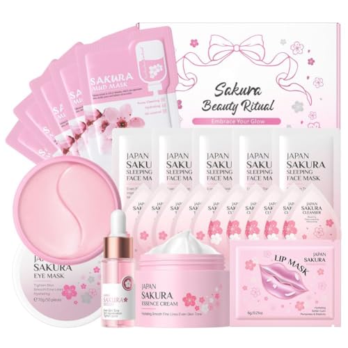 24 Pcs Sakura Skincare Set, Skin Care Set for Teen Girls Women, Skincare Gift Set with Serum, Face Cream, Sleep Mask, Eye Mask, Mud Mask, Lip Mask and Cleanser, Skin Care for Teens 10-12 von Ofanyia